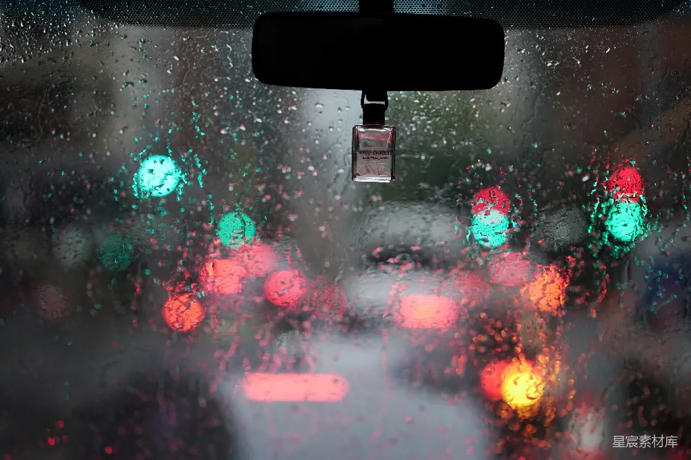 高清摄影 透过雨帘看城市街道的一景