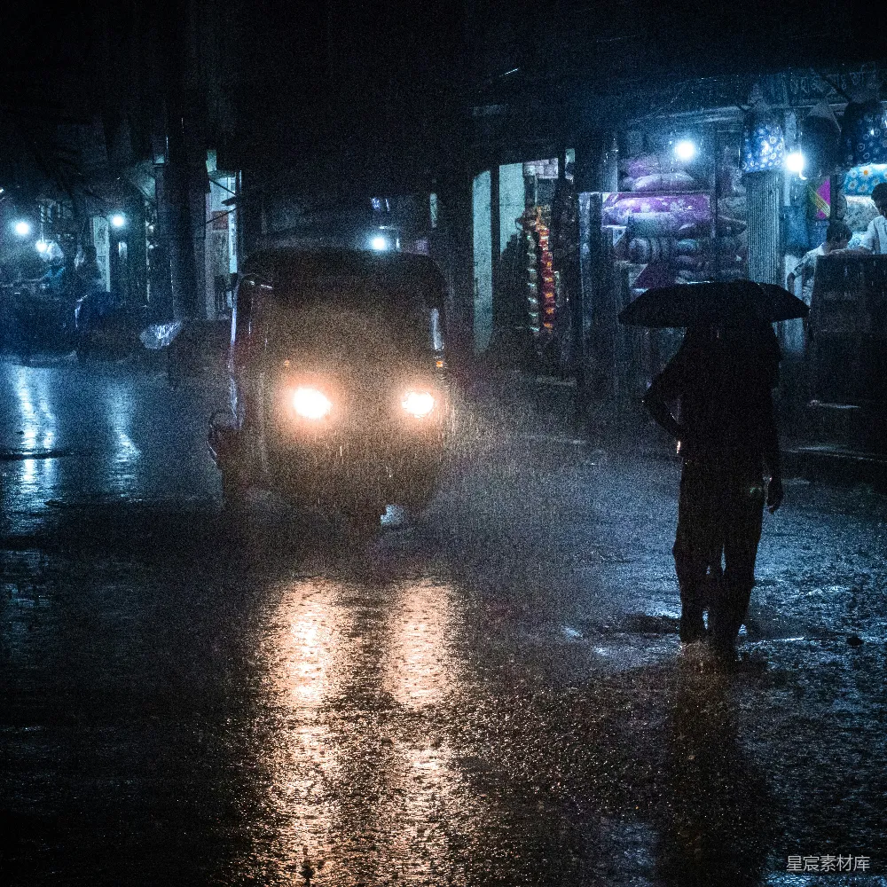 高清摄影 手持伞的人在夜间湿地上行走