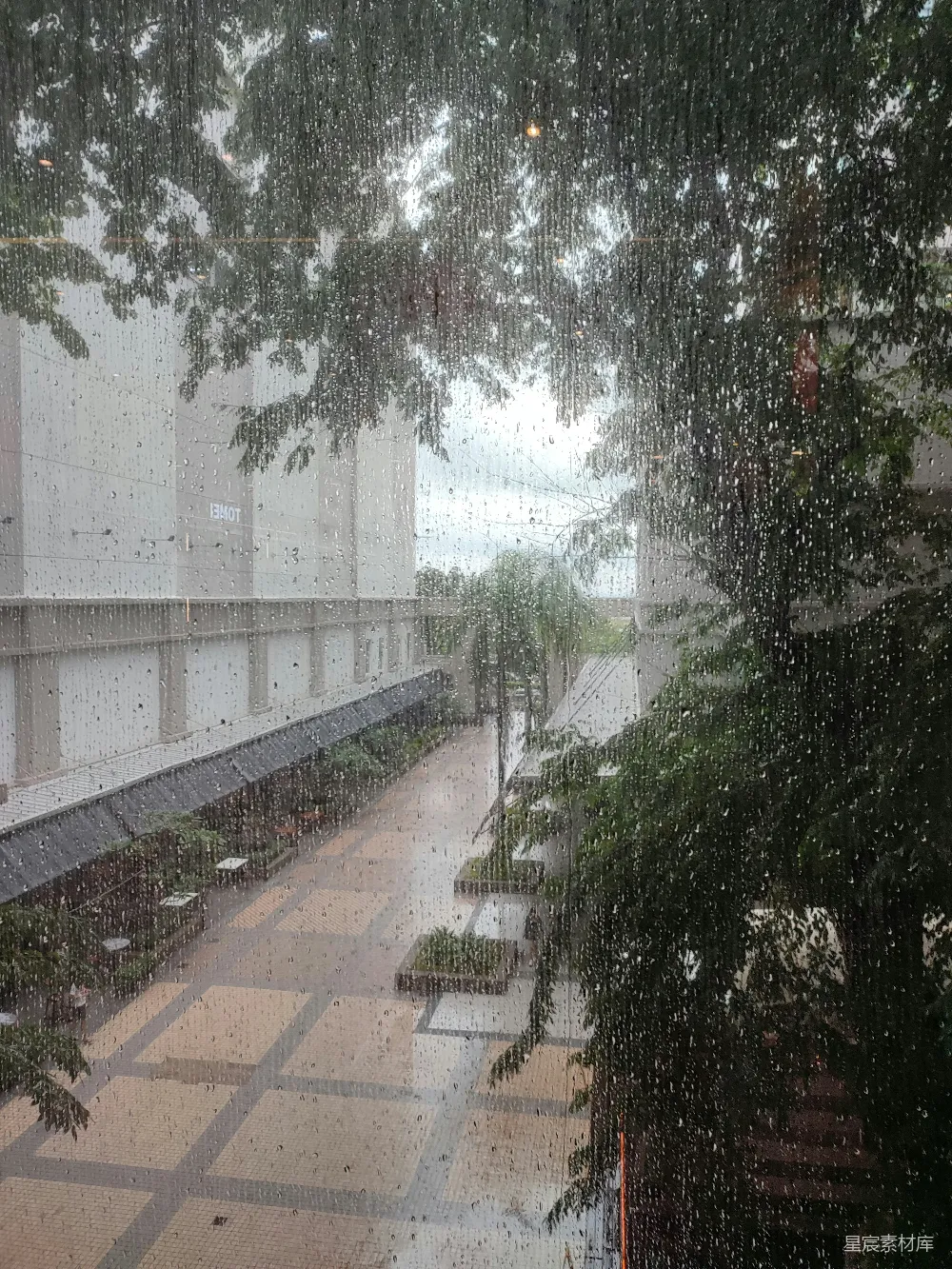 高清摄影 一扇被雨水打湿的窗户，远处是街道景色