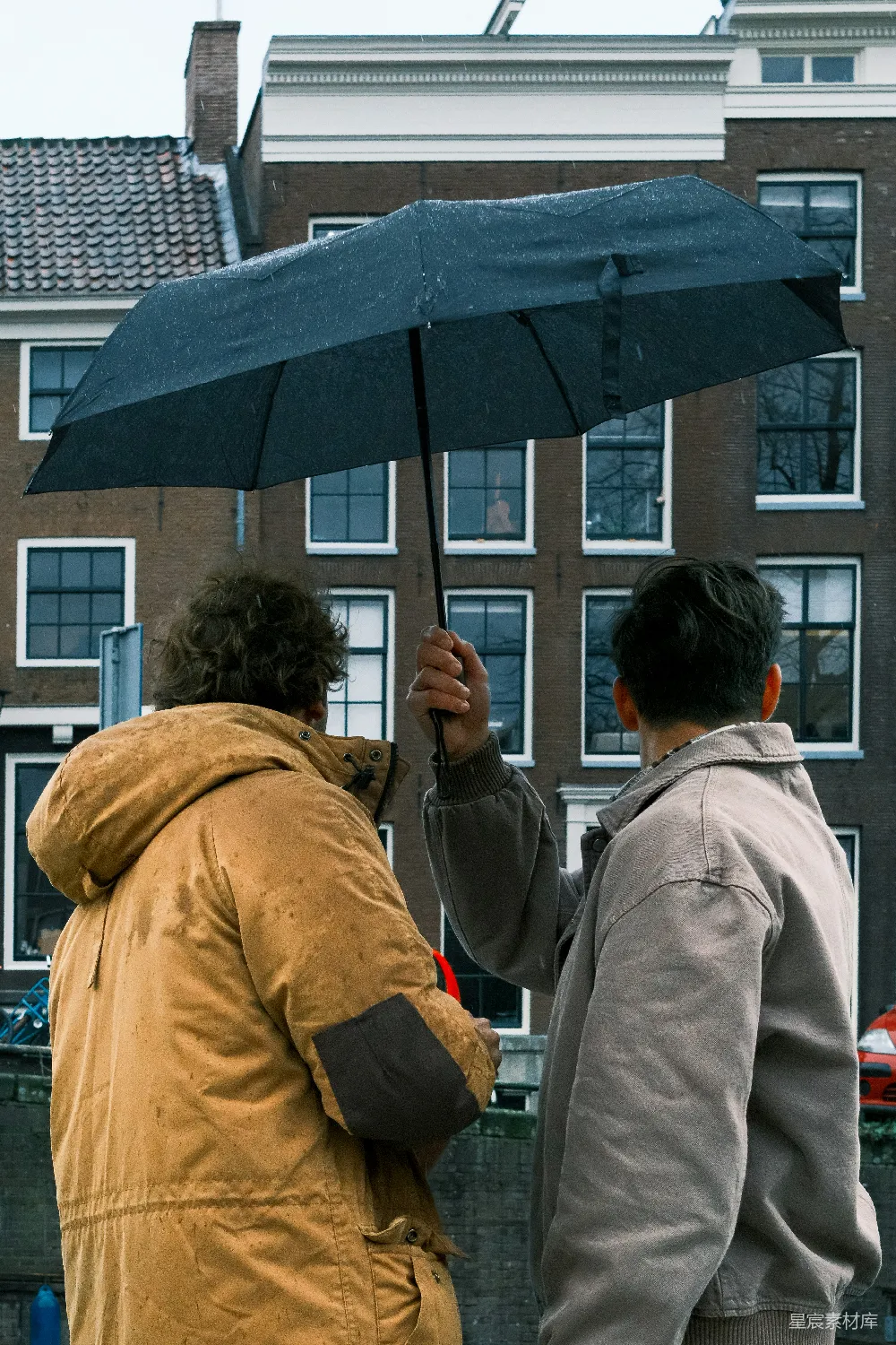 高清摄影 两人在雨中撑伞同行。