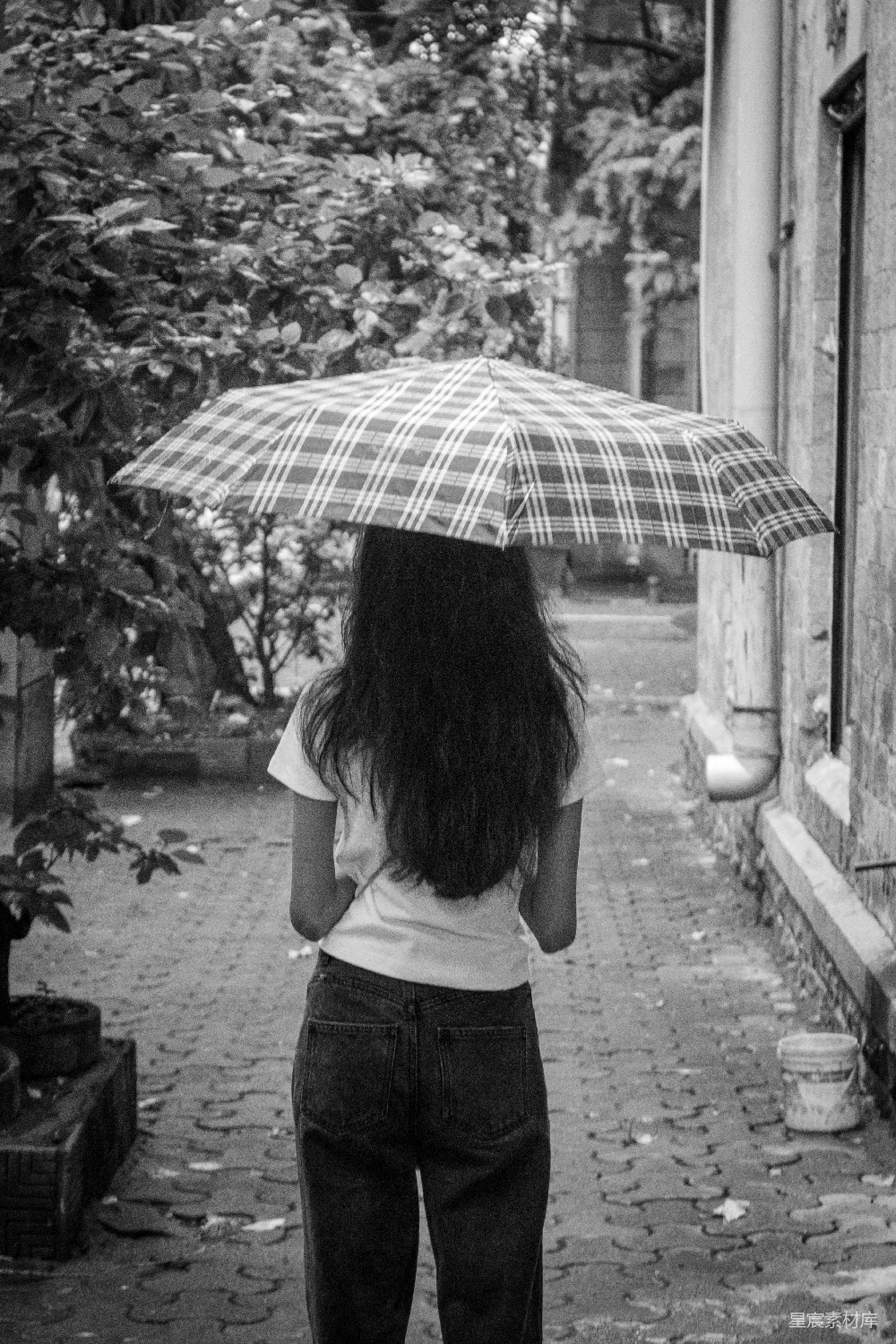 高清摄影 女人在砖砌小径上撑伞行走。