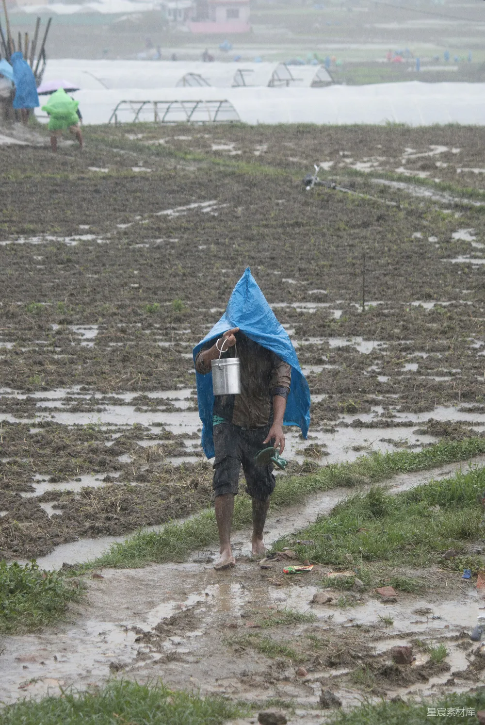 高清摄影 行人走在覆盖蓝色油布的泥地里行走。