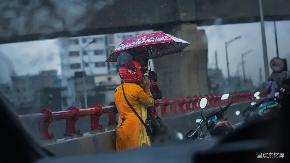 高清摄影 身穿黄色雨衣的女人撑着伞