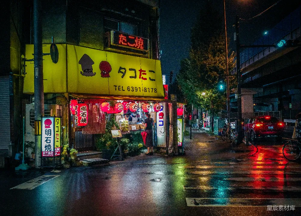 高清摄影 夜晚的城市街道，路边停着车辆。