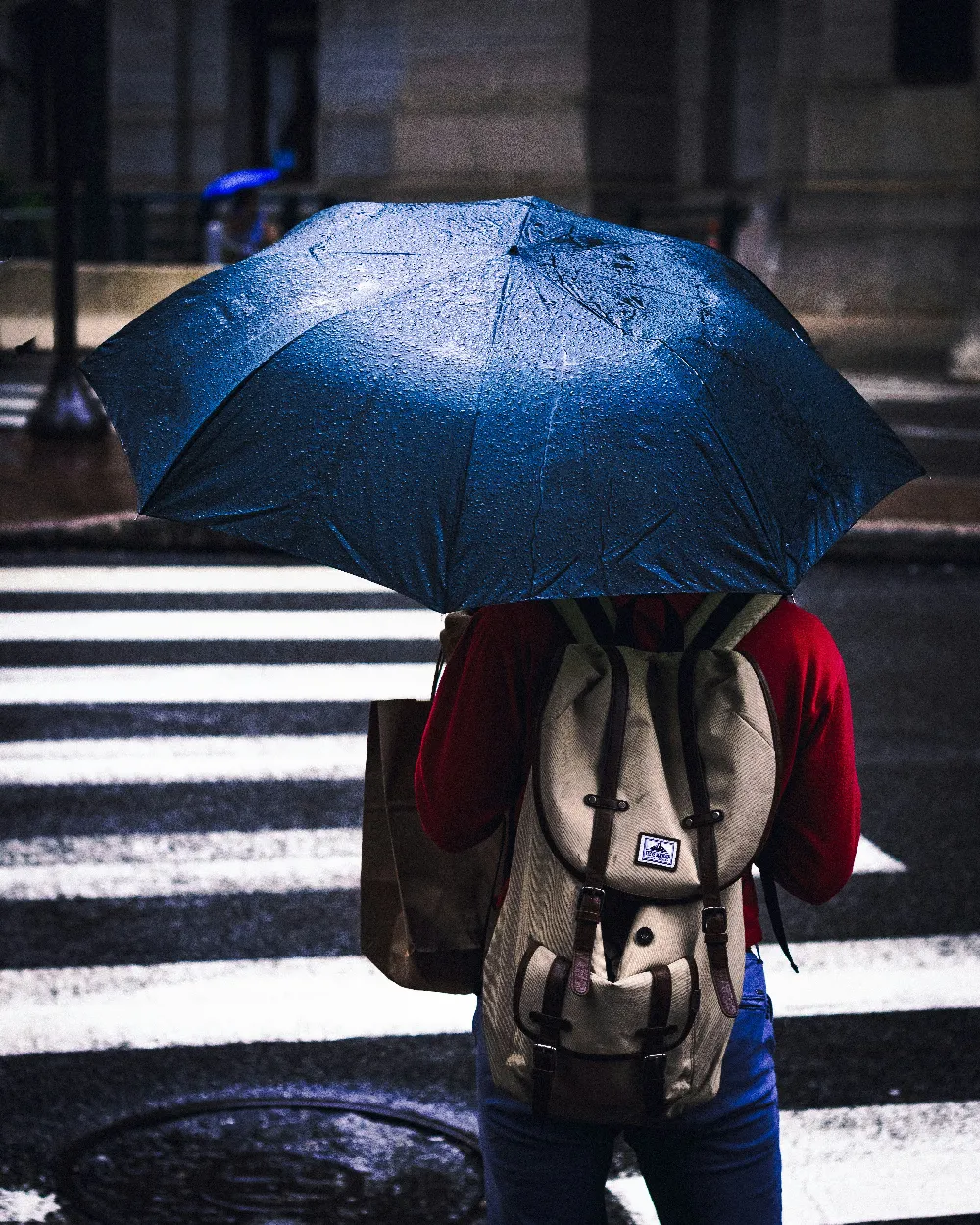 高清摄影 手持蓝色雨伞的人