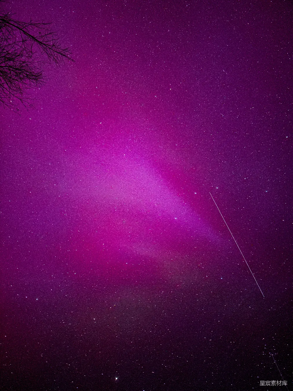 高清摄影 紫色天空中星星点点，远处有一架飞机。
