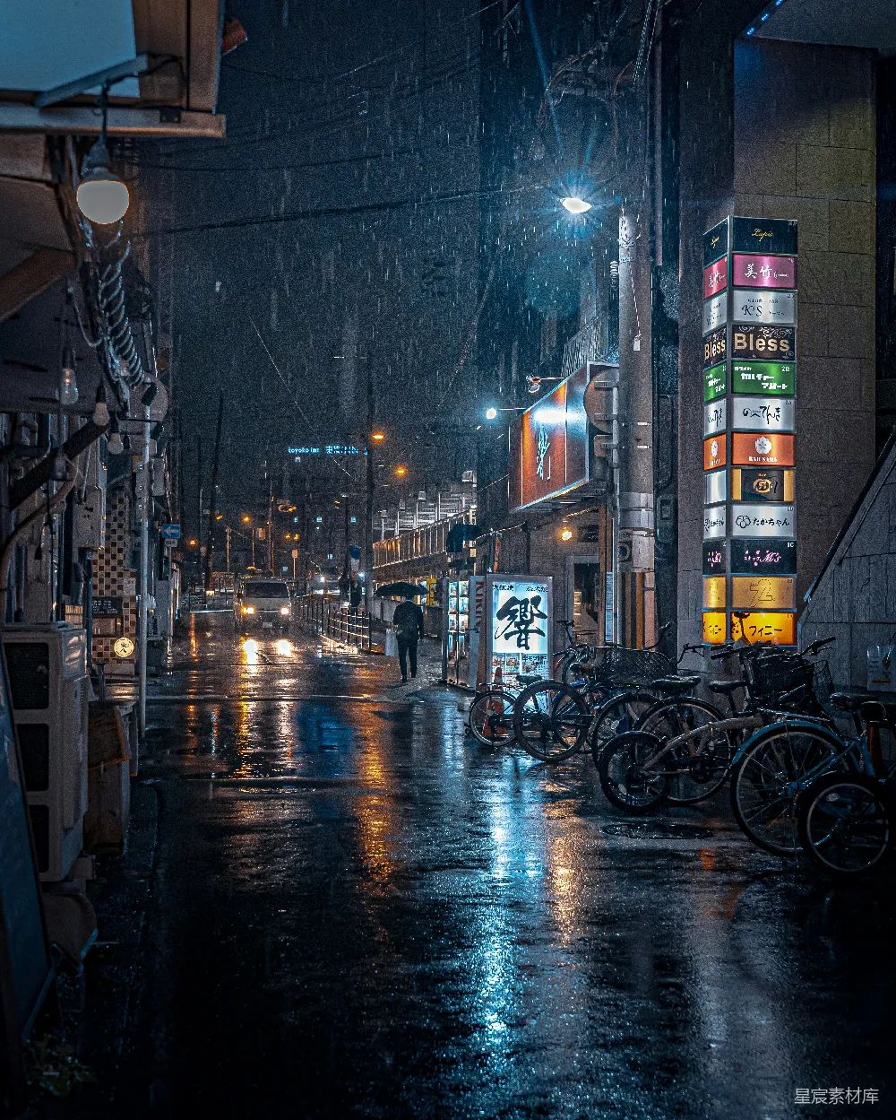 高清摄影 夜晚雨中的一条城市街道