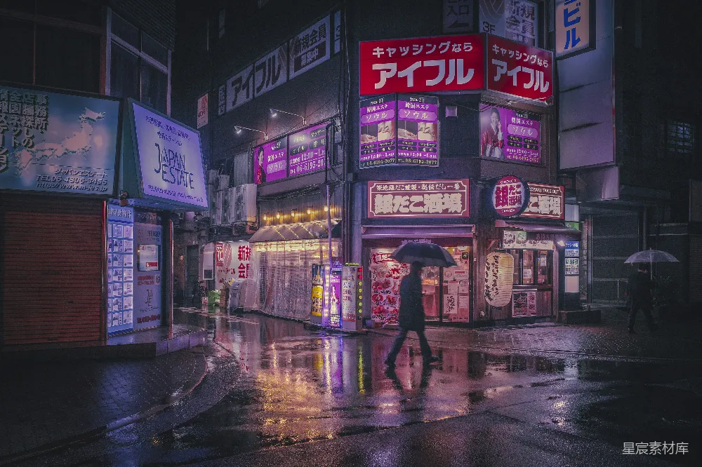 高清摄影 街上一个人手持雨伞走着