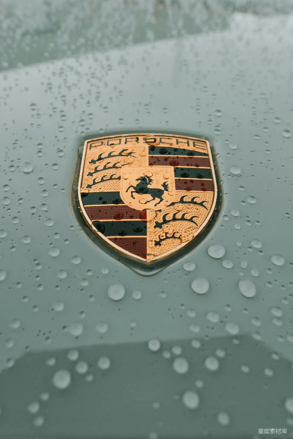 高清摄影 保时捷标志被雨水滴溅满了。