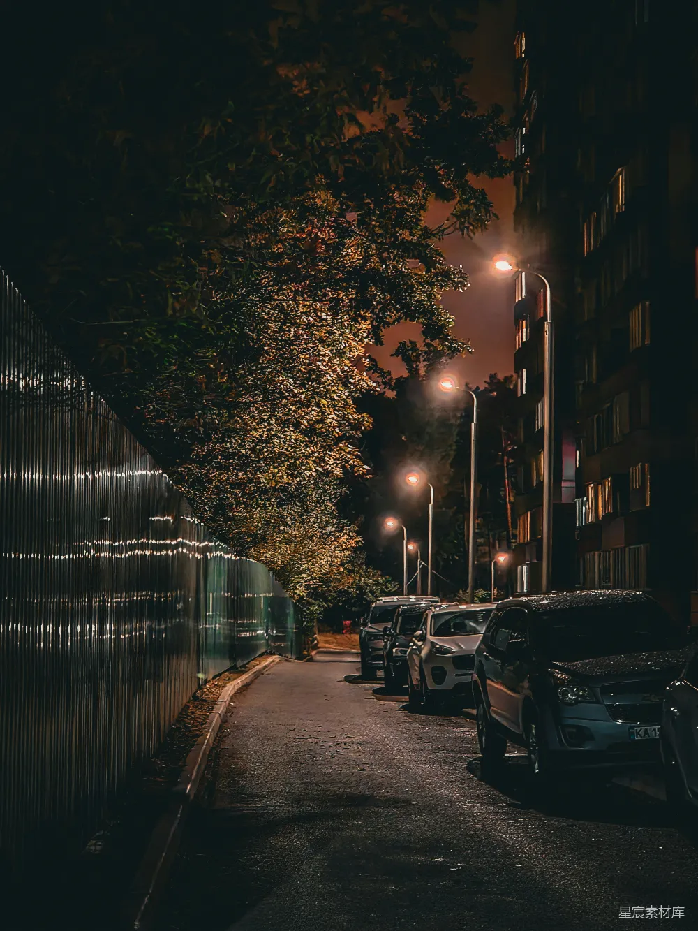 高清摄影 夜晚的城市街道，路边停着汽车。