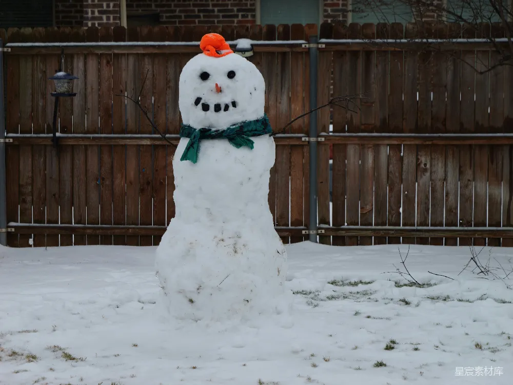 高清摄影 雪人站在前面的篱笆前，身上覆盖着白雪。