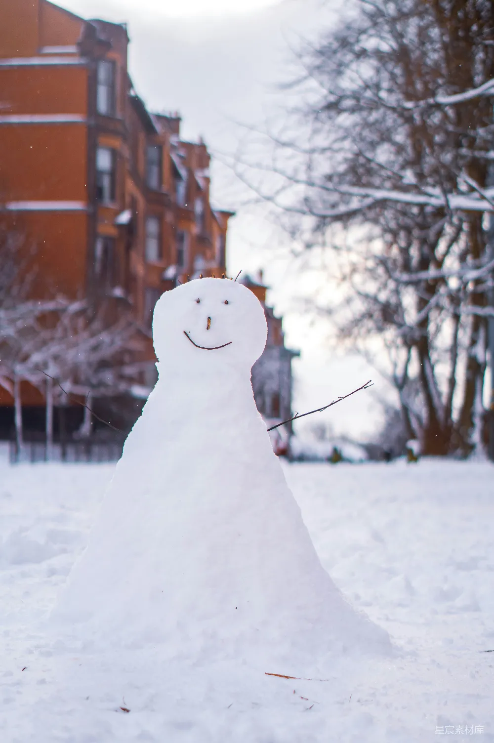 高清摄影 白天雪人近处有裸露的树木
