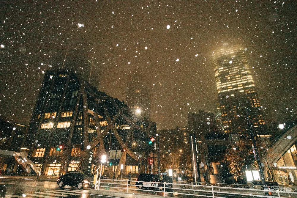 高清摄影 夜晚的城市街道上雪花飘落