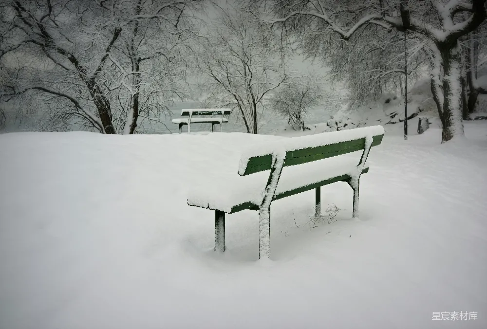高清摄影 绿漆的长凳覆盖着雪。