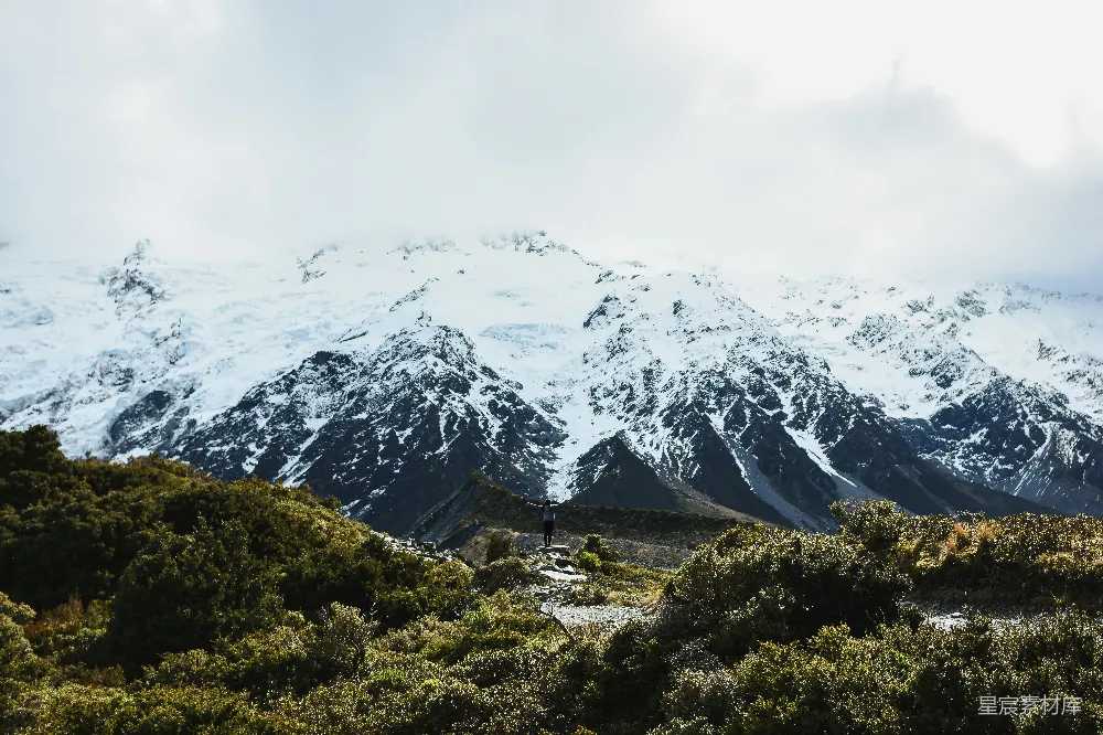 高清摄影 覆盖着白雪的山脉与树木和灌木丛交织在一起