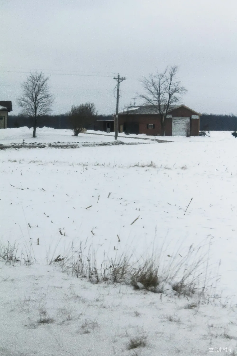 高清摄影 背景中有房屋的雪覆盖田野