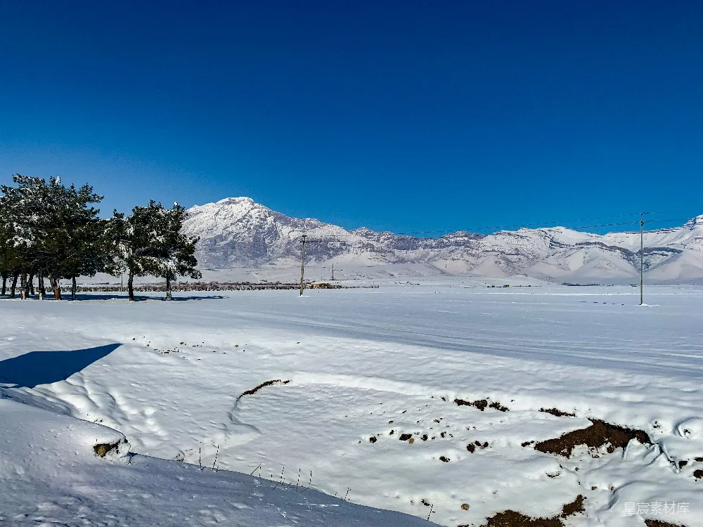 高清摄影 背景是树木和山脉的雪覆盖的田野。