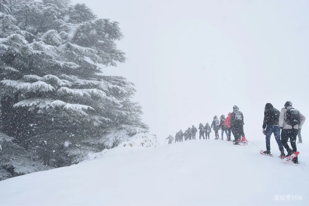 高清摄影 一群人在雪覆盖的山坡上站立。
