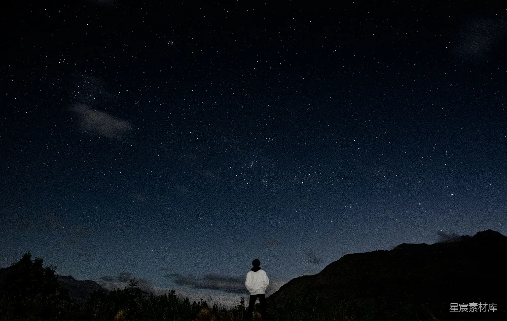 高清摄影 一个男人站在一片繁茂绿意的山坡顶部，在夜空下伫立。