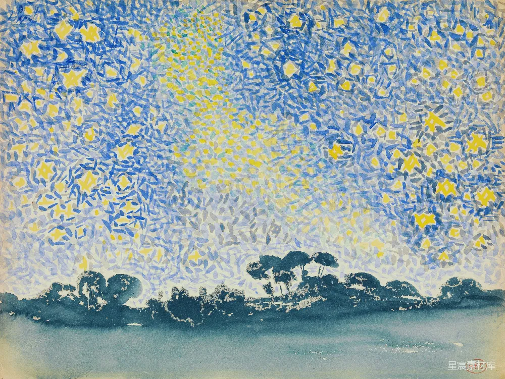 高清摄影 璀璨的星空照亮了一片黑暗的 landscapes，其中点缀着树木。