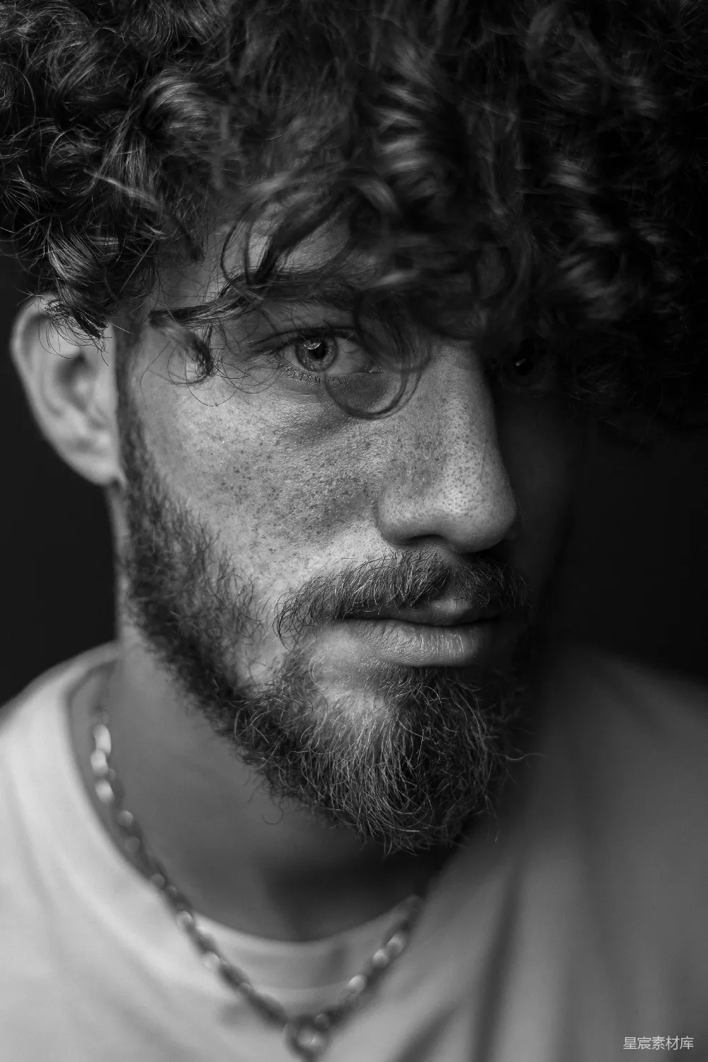 高清摄影 人物 一个有着卷发的男人黑白照片