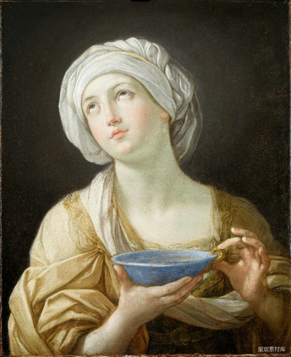 高清摄影  身穿白色头饰的女人手持蓝碗绘画