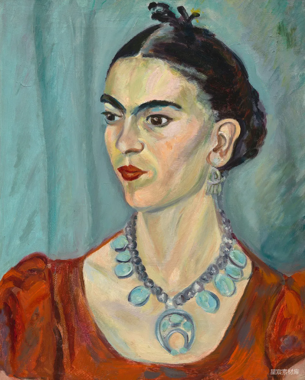 高清摄影  Frida Kahlo身穿红色连衣裙，颈戴项链