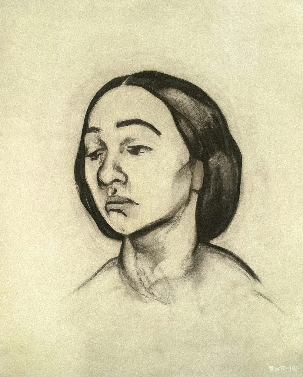 高清摄影 一幅女子头部和肩膀的炭笔画。