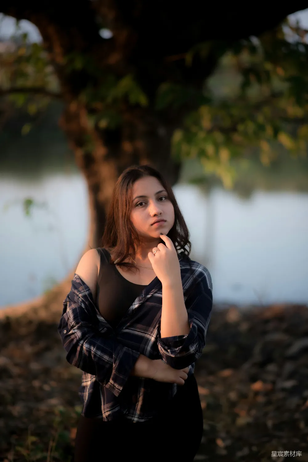 高清摄影 树下湖边站着一位妇女。