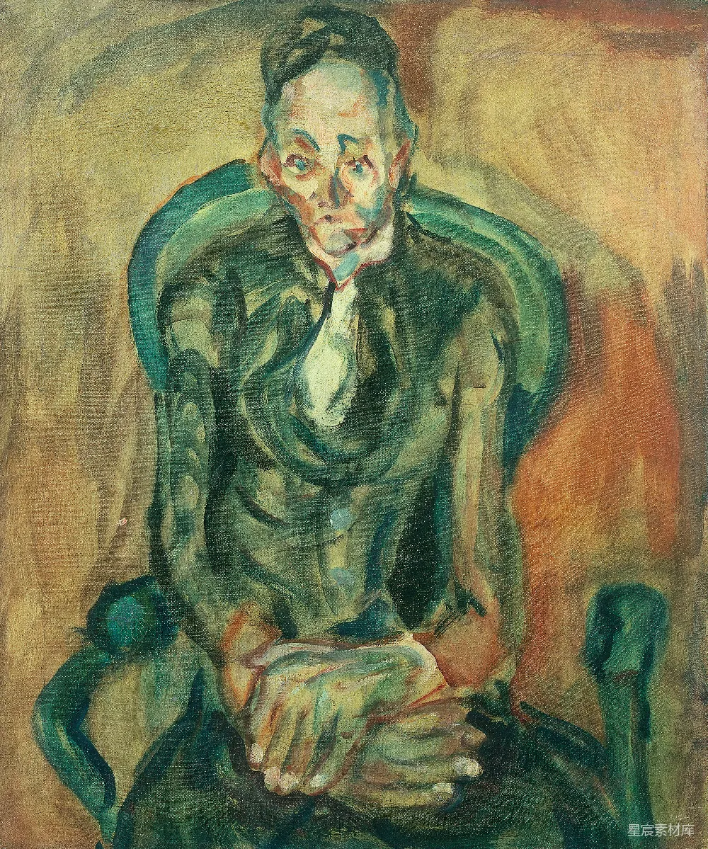 高清摄影 一幅男人坐在绿色椅子上的画