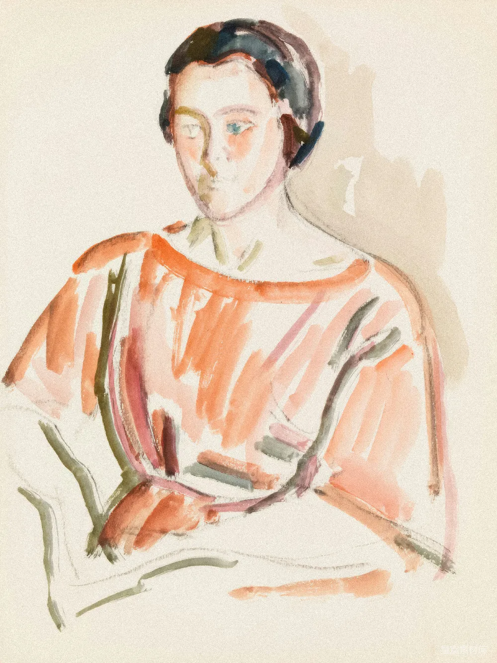 高清摄影 橙色连衣裙女子水彩画。