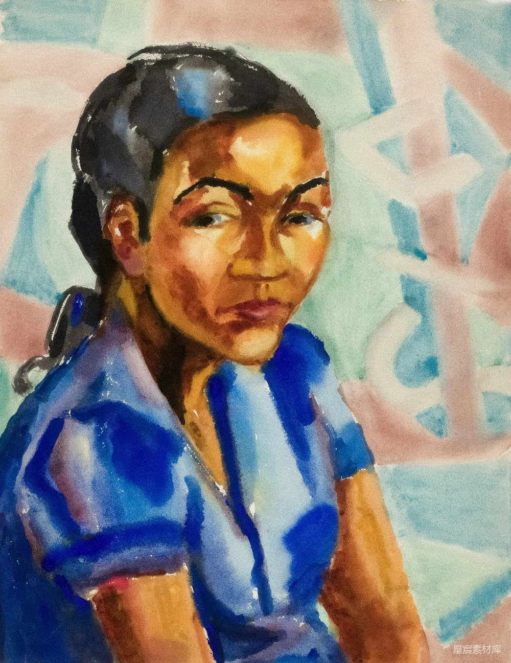 高清摄影  一幅色彩鲜艳的水彩画，描绘着身穿蓝色的女性。