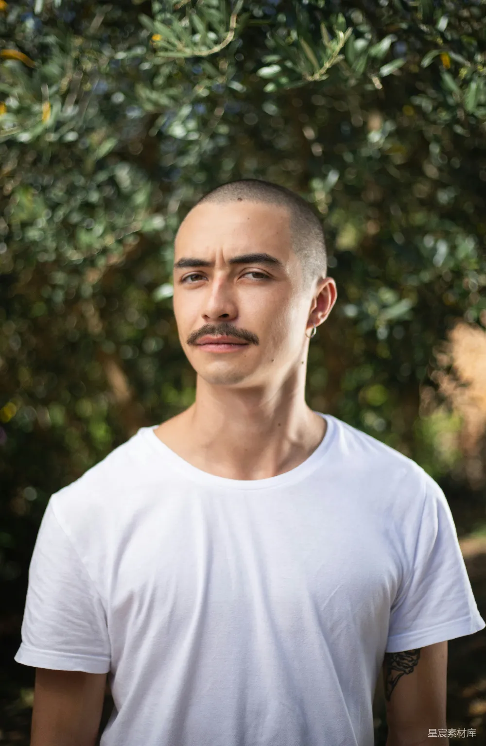 这是一张阳光下的短发男子肖像照片。男子身穿简单的白色T恤，背景是茂密的绿植，阳光透过树叶洒在他的脸上，营造出温暖而自然的氛围。照片风格清新自然，适合用于个人写真或自然主题的背景素材。