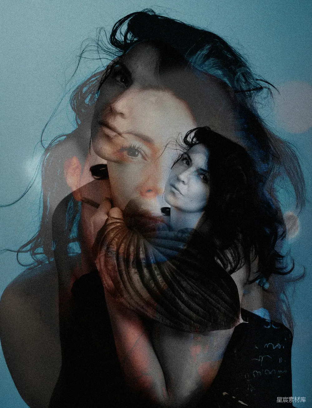 高清摄影  一个女人的侧脸双面曝光，头发为暗色。