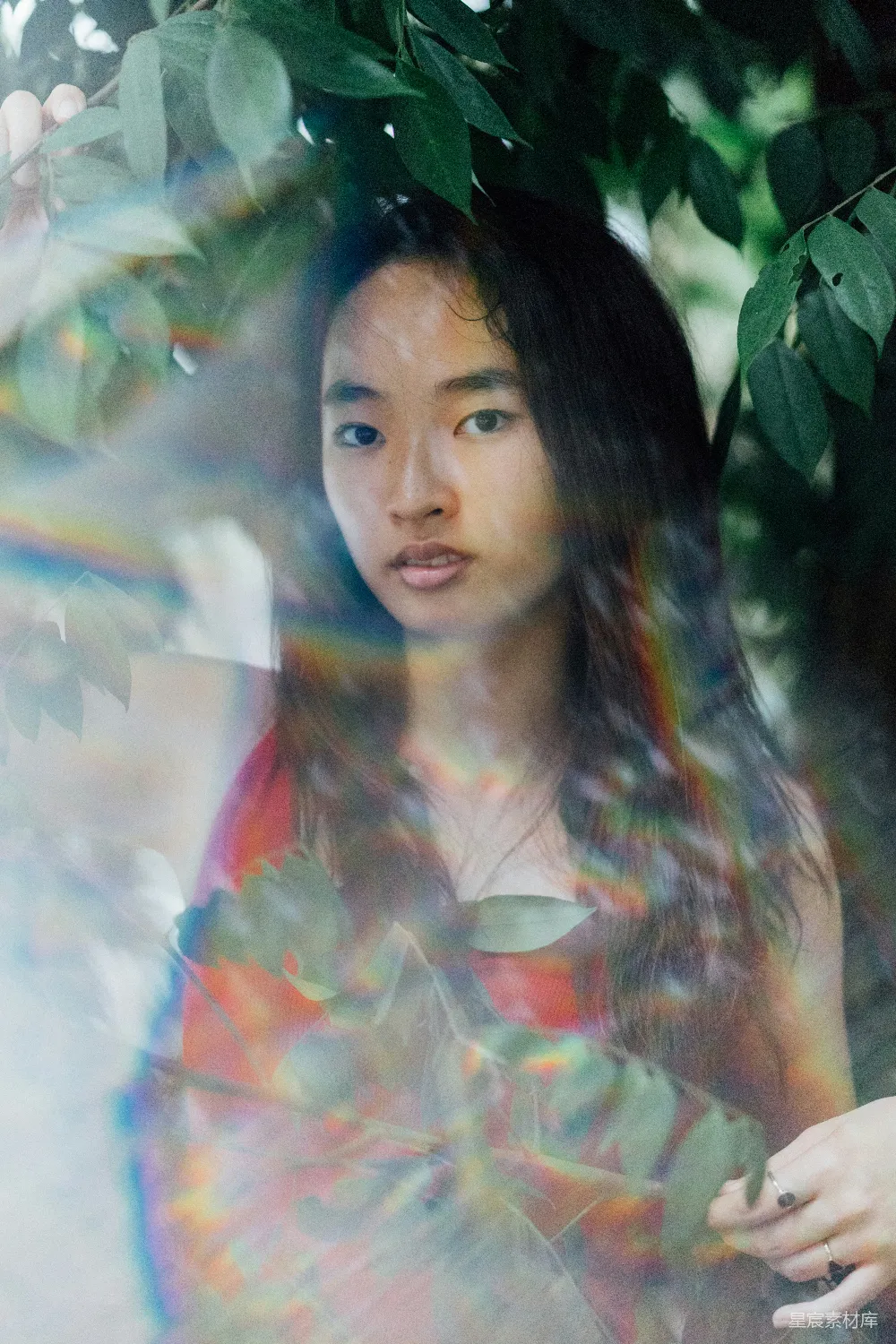 高清摄影 实验性 女性站在绿色植物旁边
