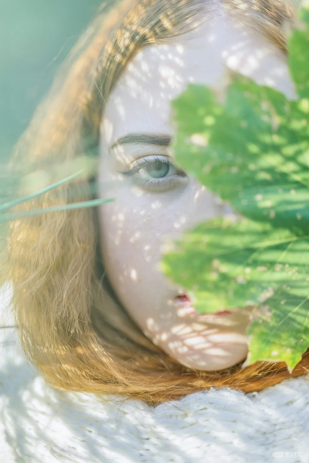 高清摄影 一个蓝眼睛的女人正在拿着一片绿叶。