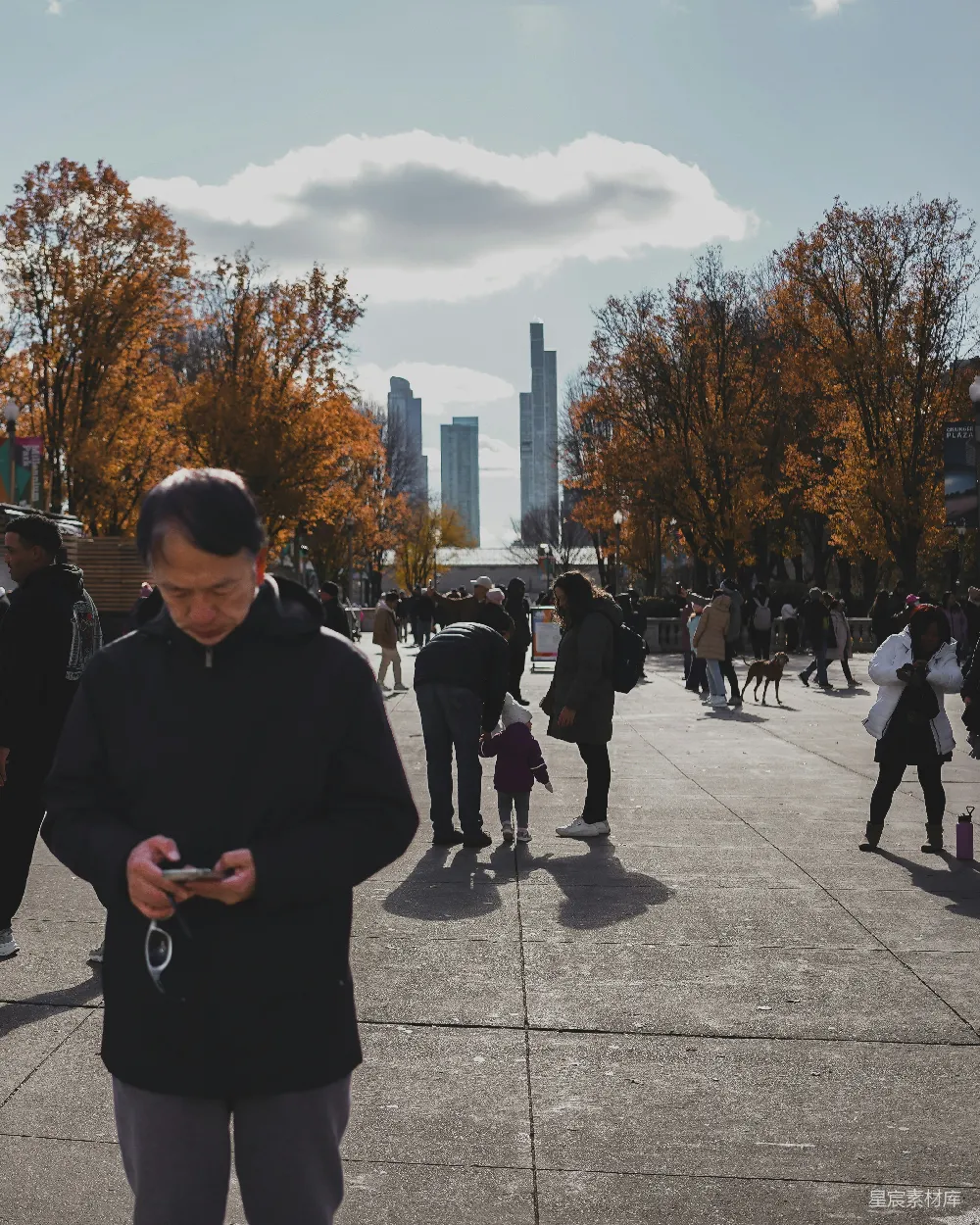 高清摄影 城市公园中人们漫步，秋树环绕。