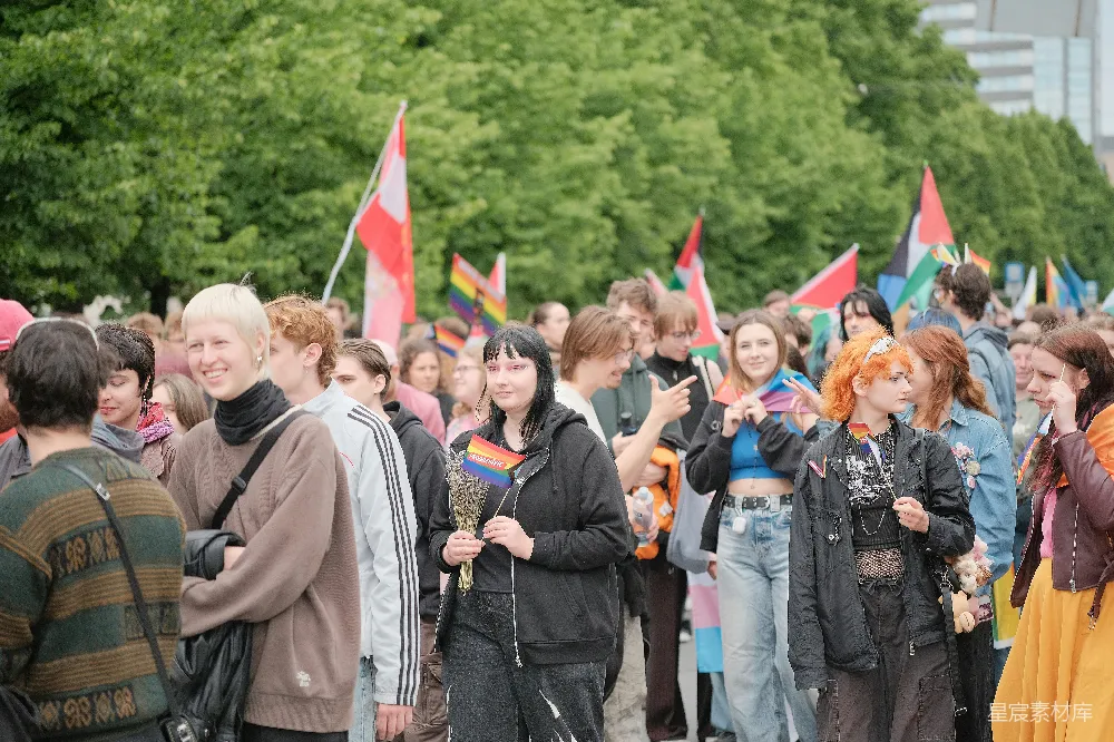 高清摄影  户外一群人群举着旗帜游行。
