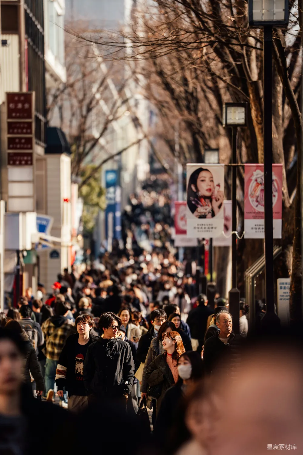 高清摄影 拥挤街道两旁种满了树木和商店。