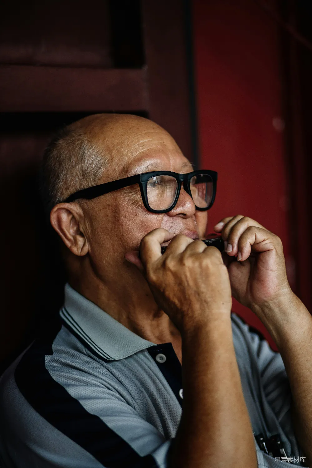高清摄影 身穿灰黑色polo衫的男人正在吹口琴。