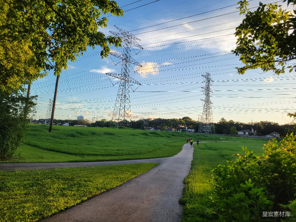 高清摄影  一侧种有草地和树木的道路