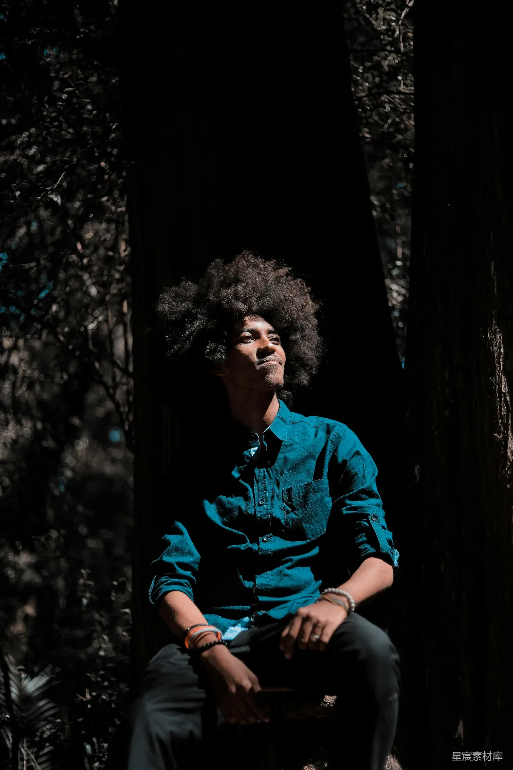 高清摄影 人物 穿蓝色和黑色长袖衬衫的男人坐在棕色木椅上