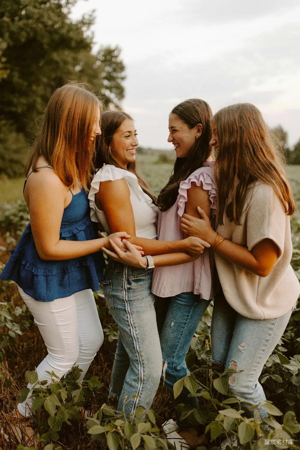 高清摄影 人物 一群年轻女子站在田野里，彼此相邻。