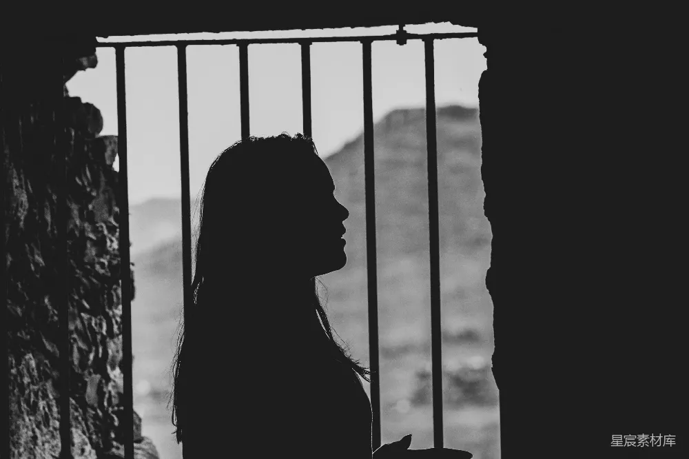 高清摄影  金属栏窗外的女人影子