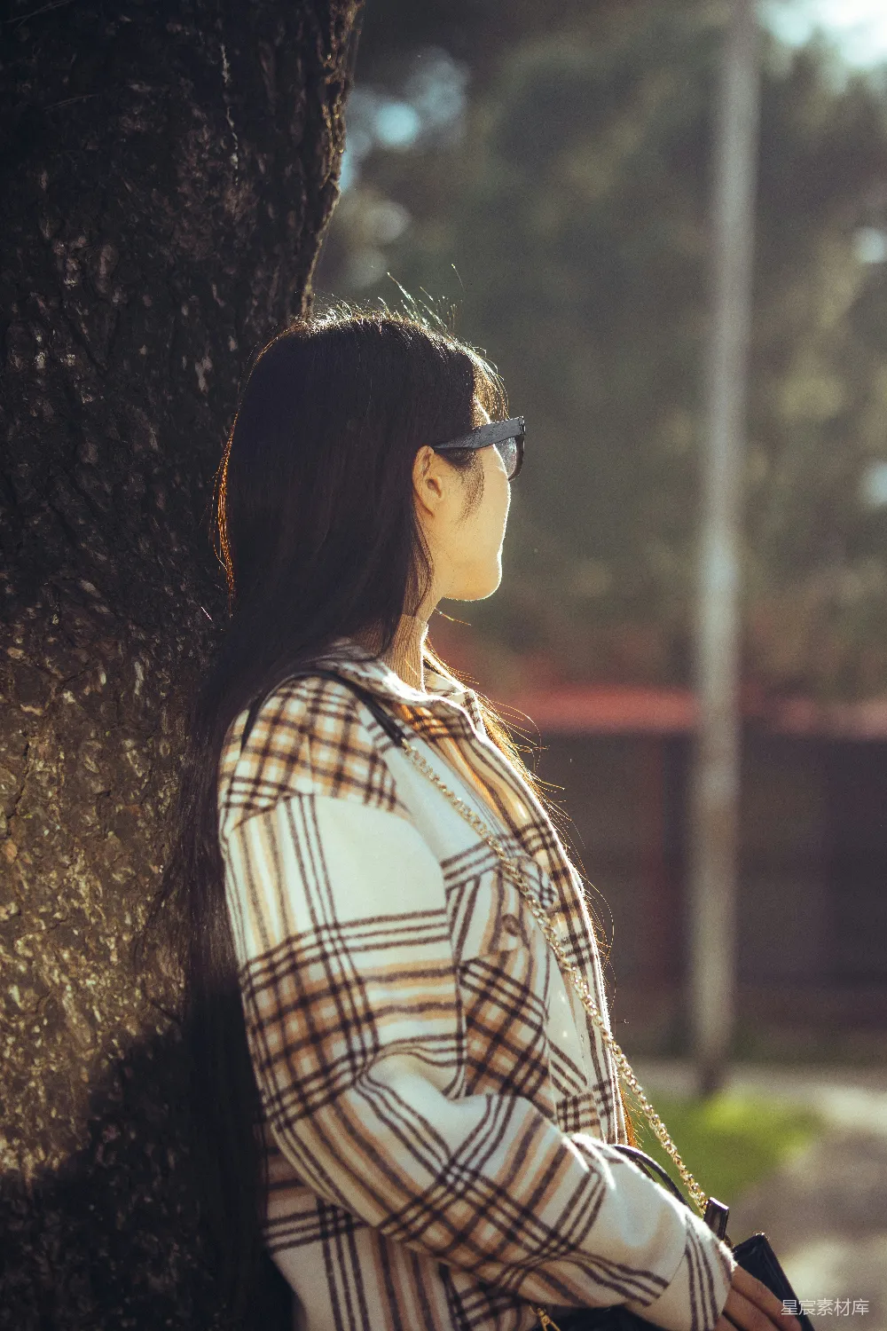 高清摄影  一个女子站在树旁，戴着太阳镜。