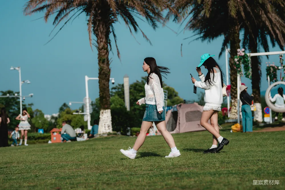 高清摄影 两名年轻女子在绿草地上行走，树下有棕榈树。
