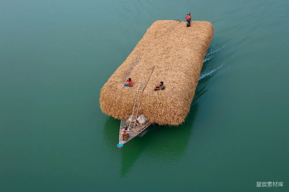 高清摄影  稻草制成的筏子漂浮在水面上