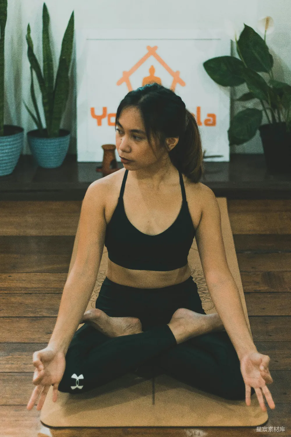 高清摄影 黑色紧身上衣和黑色 leggings 的女士坐在棕色木制长凳上
