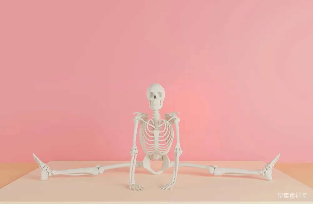 高清摄影 桌子前坐着一个 Skeleton，墙是粉色的。