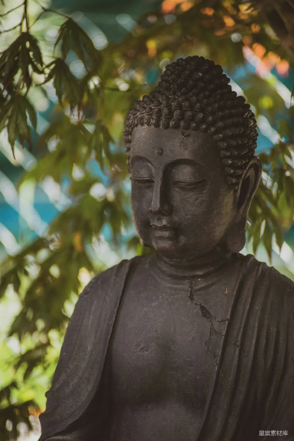 高清摄影 白天黑佛雕像附近有绿树
